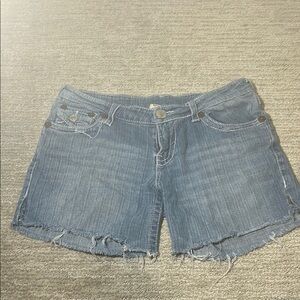 True Religion Blue Jean Shorts with Frayed Hem